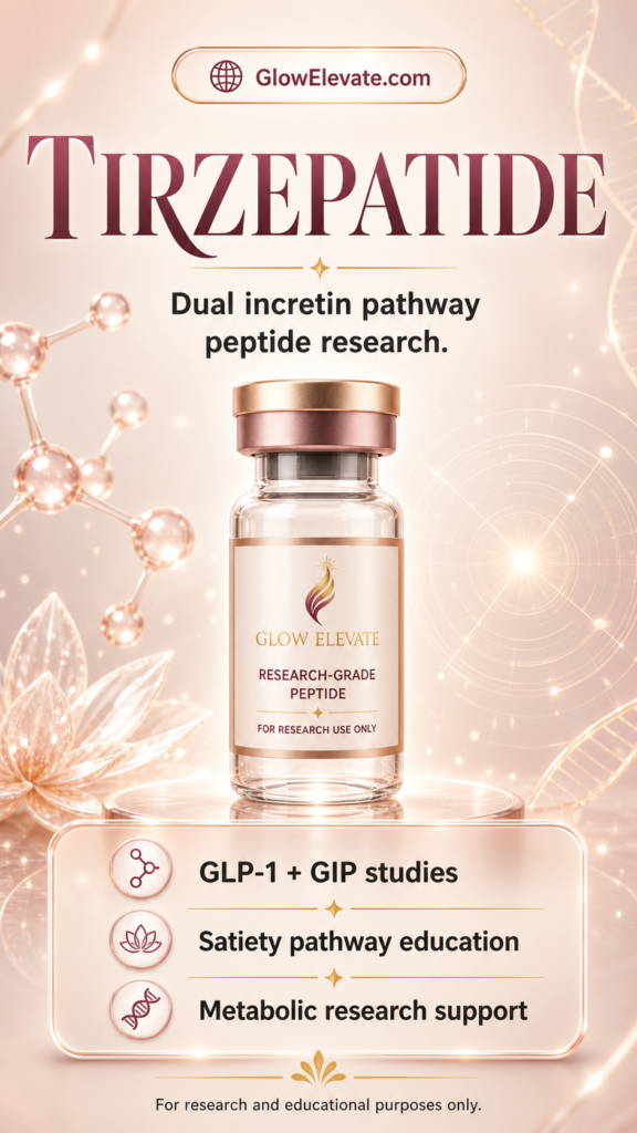 Tirzepatide dual incretin research peptides by Glow Elevate featuring GLP-1 and GIP pathway studies.